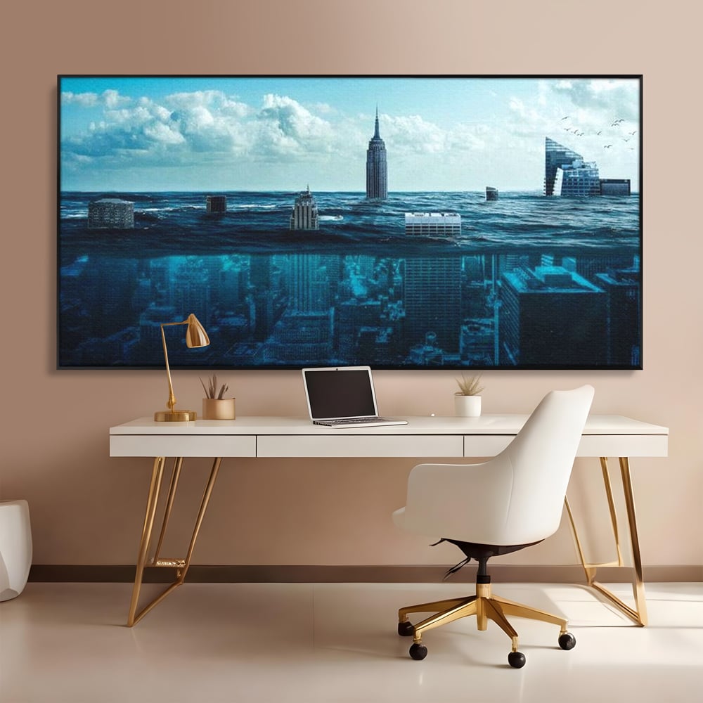 Tablou canvas cu ilustratie digitala cu oras scufundat in ocean, in rama de aluminiu negru, pe perete intr-un birou